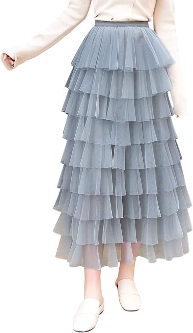ebossy Women's Sweet Elastic Waist Tulle Layered Ruffles Mesh Long Tiered Skirt | Amazon (US)