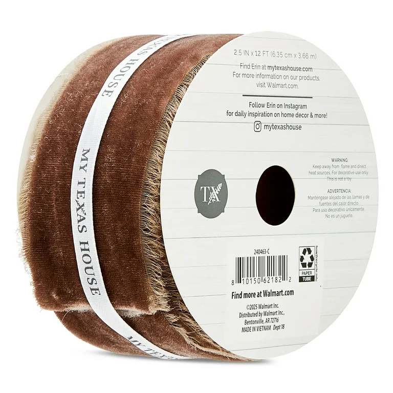 Brown Frayed Edge Christmas Ribbon, 12', by My Texas House | Walmart (US)