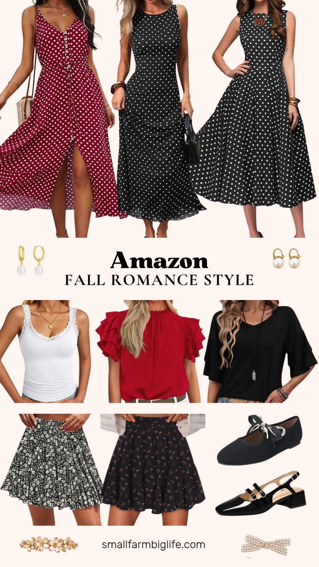 Coquette romance is having a major moment right now, all lace, polka dots, and a touch of vintage mystique that leans more romantic than sweet. This lace trim ribbed cami is such an easy layering piece, and both of these polka dot dresses bring that nostalgic feminine feel, one flowy and boho, one fitted and elegant.

Loving this ruffle mock neck blouse in red and this ruffle v neck top in black for something dressier to wear with jeans or a skirt. This floral chiffon tiered mini skirt and the pleated rose floral skater skirt both have that soft, whimsical movement coquette style is known for.

These black suede Mary Jane flats with the bow detail are the perfect finishing touch, and these patent Mary Jane block heels dress the look up even more. This vintage 1950s polka dot cocktail dress is giving full tea party energy.

Rounding it out with pearl drop earrings in two styles, sparkly rhinestone hair clips, and a set of pearl bow hair clips for the prettiest hair details.

#coquette #coquettestyle #fallfashion #amazonfashion #femininestyle 

 #LTKgrwm #LTKootd #LTKOver40