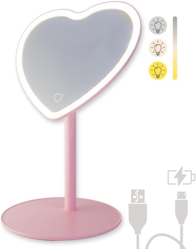 MYKALA Pink Heart Mirror with Lights for Makeup Desk. Rechargeable Heart Shaped Mirror for Pink R... | Amazon (US)