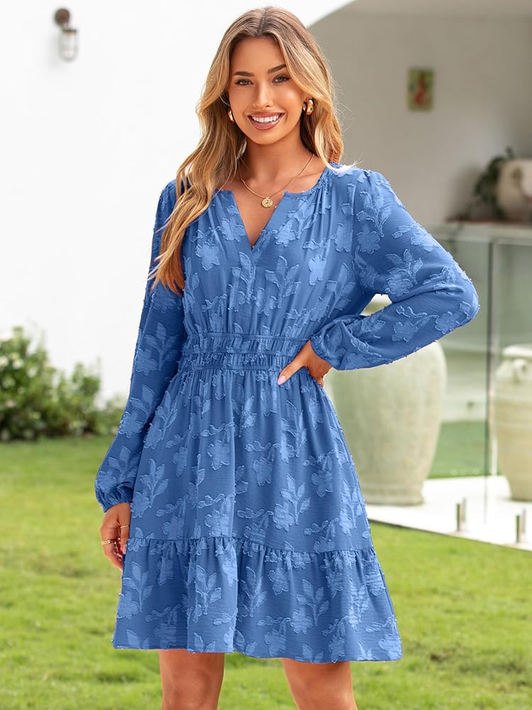 BerryGo Womens Long Sleeve Mini Dress Casual A Line Flowy Loose Vacation Party Babydoll Fall Short Dresses with Pocket | Amazon (US)