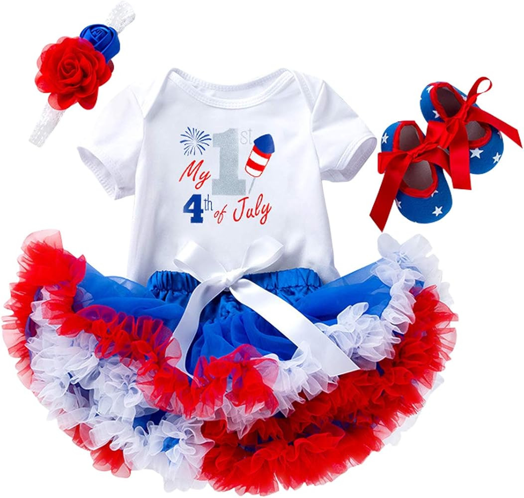 4th of July Baby Girl Birthday Outfit American Flag Romper+Ruffle Tulle Skirt+Headband+Shoes Indepen | Amazon (US)