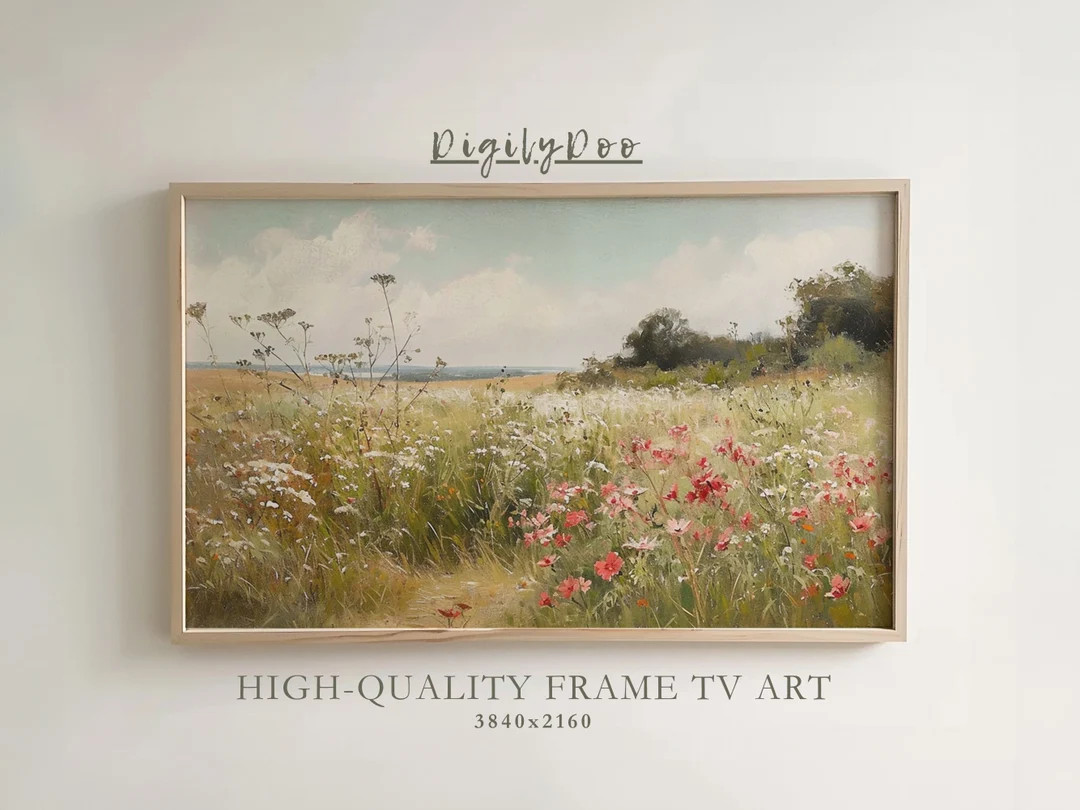 Country Summer Landscape Frame TV Art, Spring Pink Wildflowers Oil Painting, Meadow Floral Tv Art... | Etsy (US)