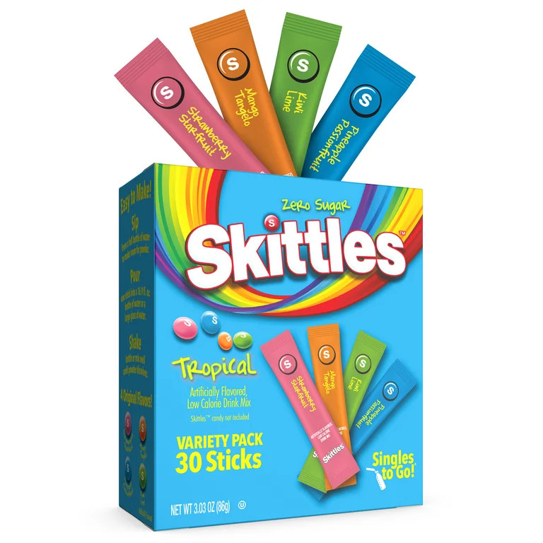 Skittles Zero Sugar Variety Pack Singles-to-Go Powdered Drink Mix, Tropical, 30 Count Packets | Walmart (US)