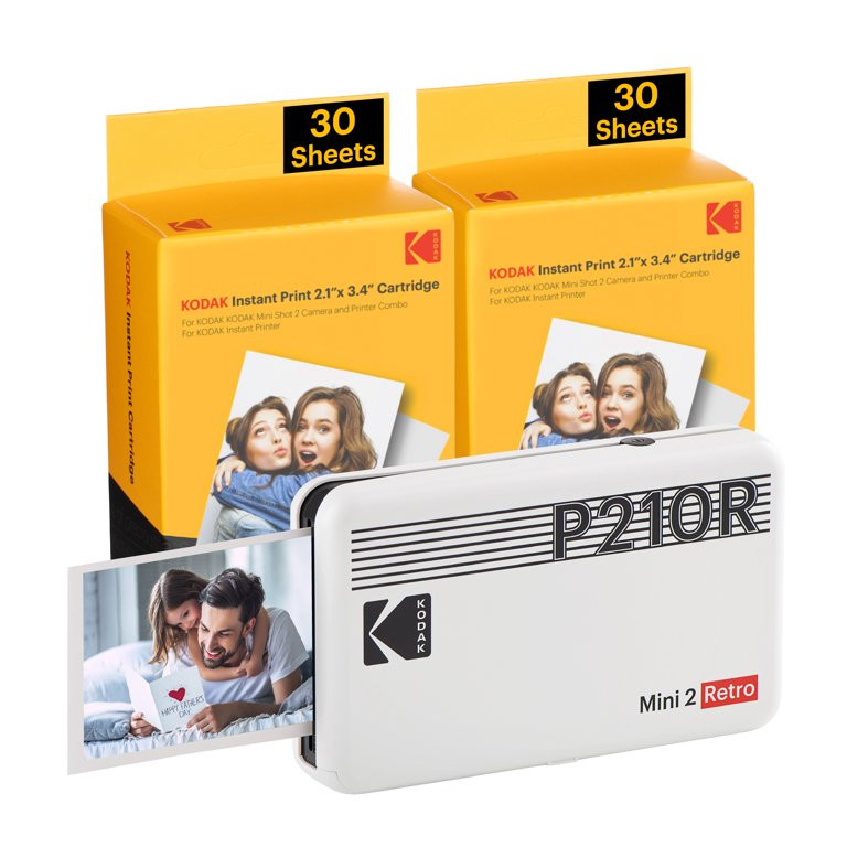 KODAK Mini 2 Retro 4PASS Portable Photo Printer (2.1x3.4 inches) + 68 Sheets Bundle, White | Walmart (US)