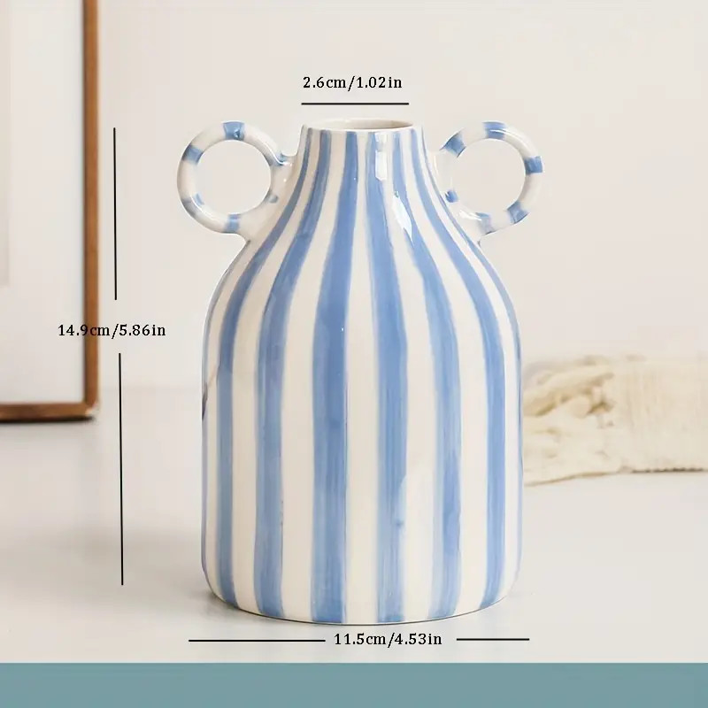 Hand-Painted Ceramic Vase With Dual Handles - Striped Design For Hydroponic Plants & Home Decor | Temu Affiliate Program