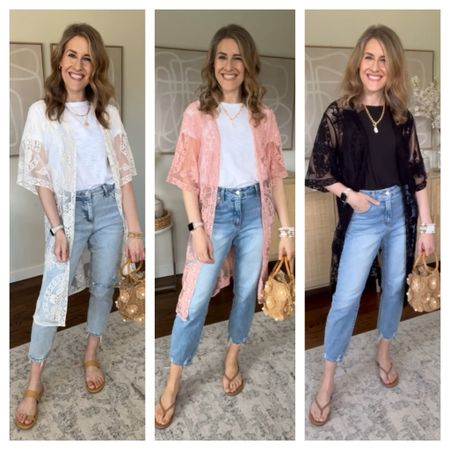 Walmart lace duster cardigan with the best Walmart jeans! These also make a great swimsuit coverup for the beach or pool. Perfect for vacations! #walmartfashion 

#LTKTravel #LTKFindsUnder50 #LTKStyleTip