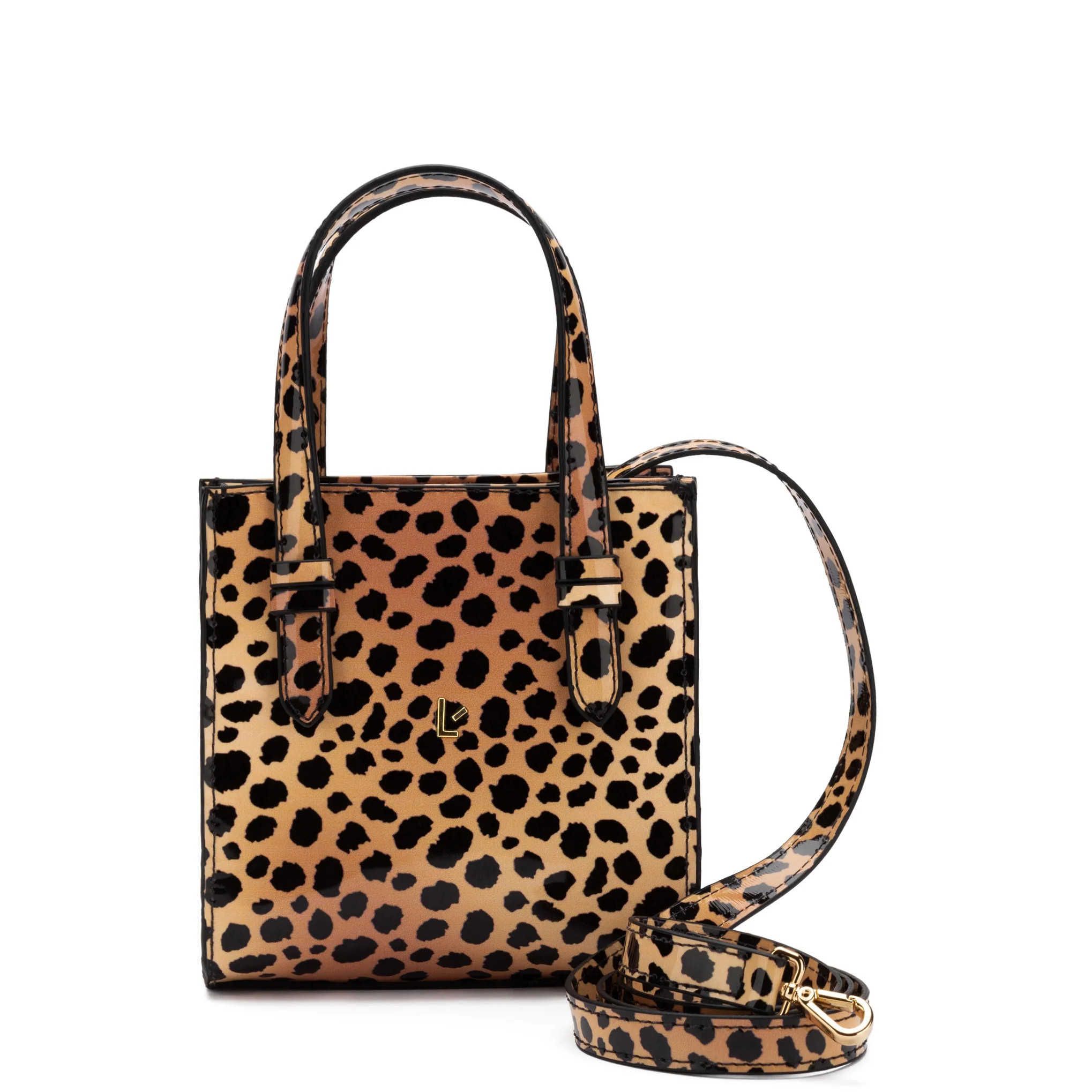 Mini Phoebe Tote Bag In Cheetah Print Vegan Patent Leather | Larroude