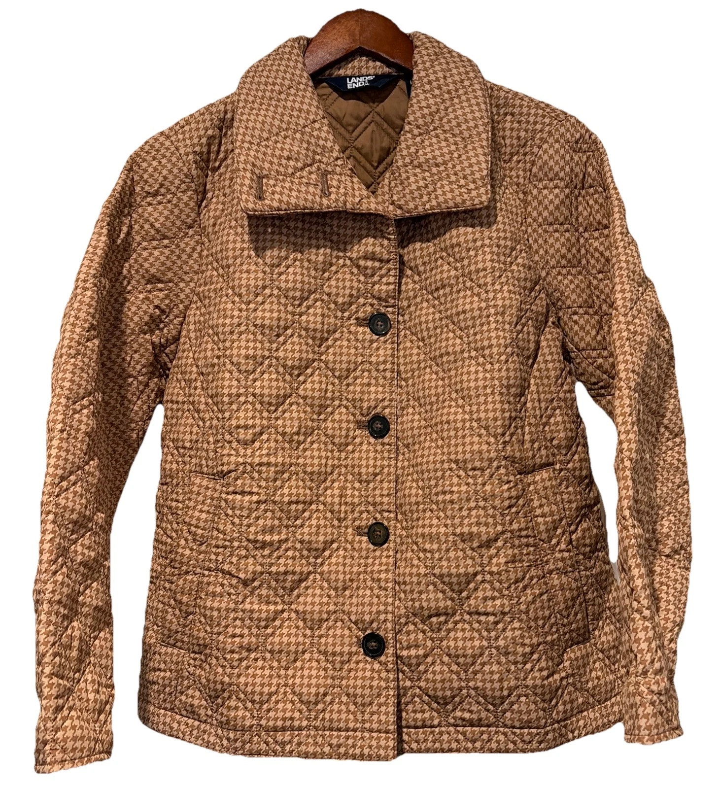 Lands' End Tan Houndstooth Quilted Puffer Jacket Primaloft Women's Medium Petite | eBay US