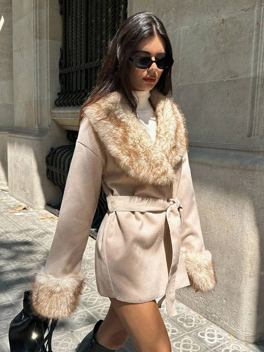 LocalAloruh Women's Apricot Patchwork Faux Fur Collar Design Fashion Commuter Casual Retro Overco... | SHEIN