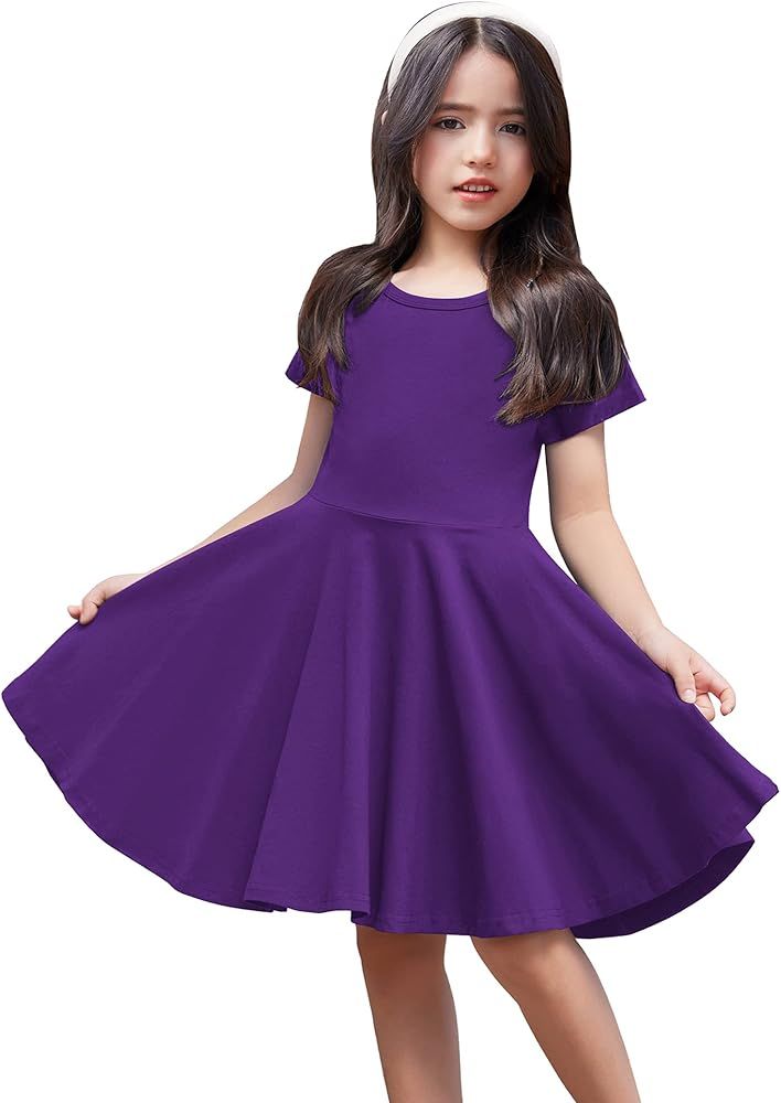 Boyoo Girls Cotton Dress Short Sleeve A Line Swing Skater Twirl Solid Casual Dress for 3-13Y | Amazon (US)