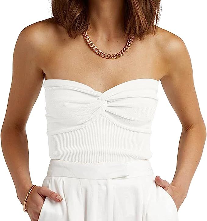 EFAN Womens Tube Tops Summer Twist Knot Front Knit Sexy Bandeau Strapless Ribbed Sleeveless Y2K C... | Amazon (US)