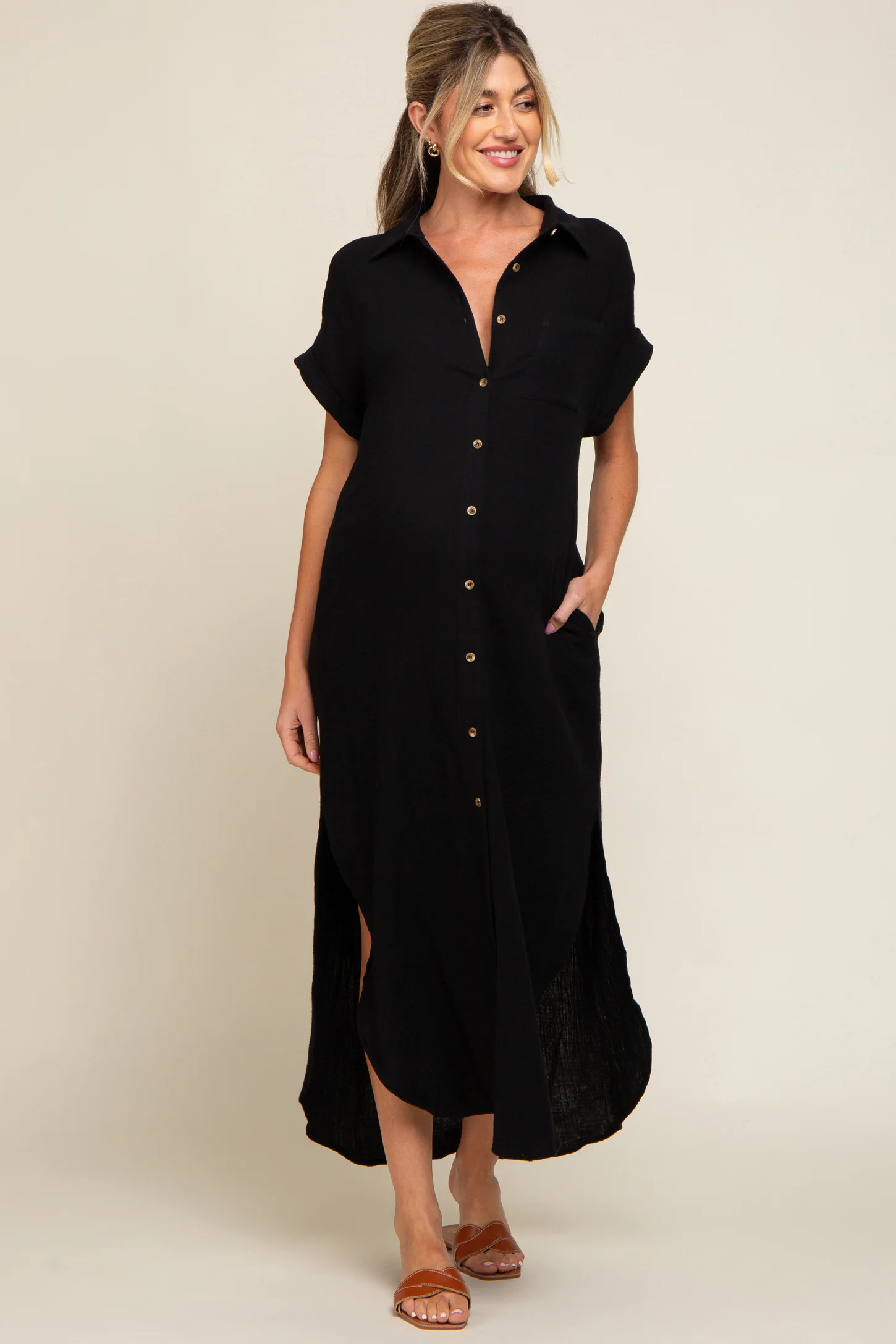 Black Button Down Maternity Midi Dress | PinkBlush Maternity