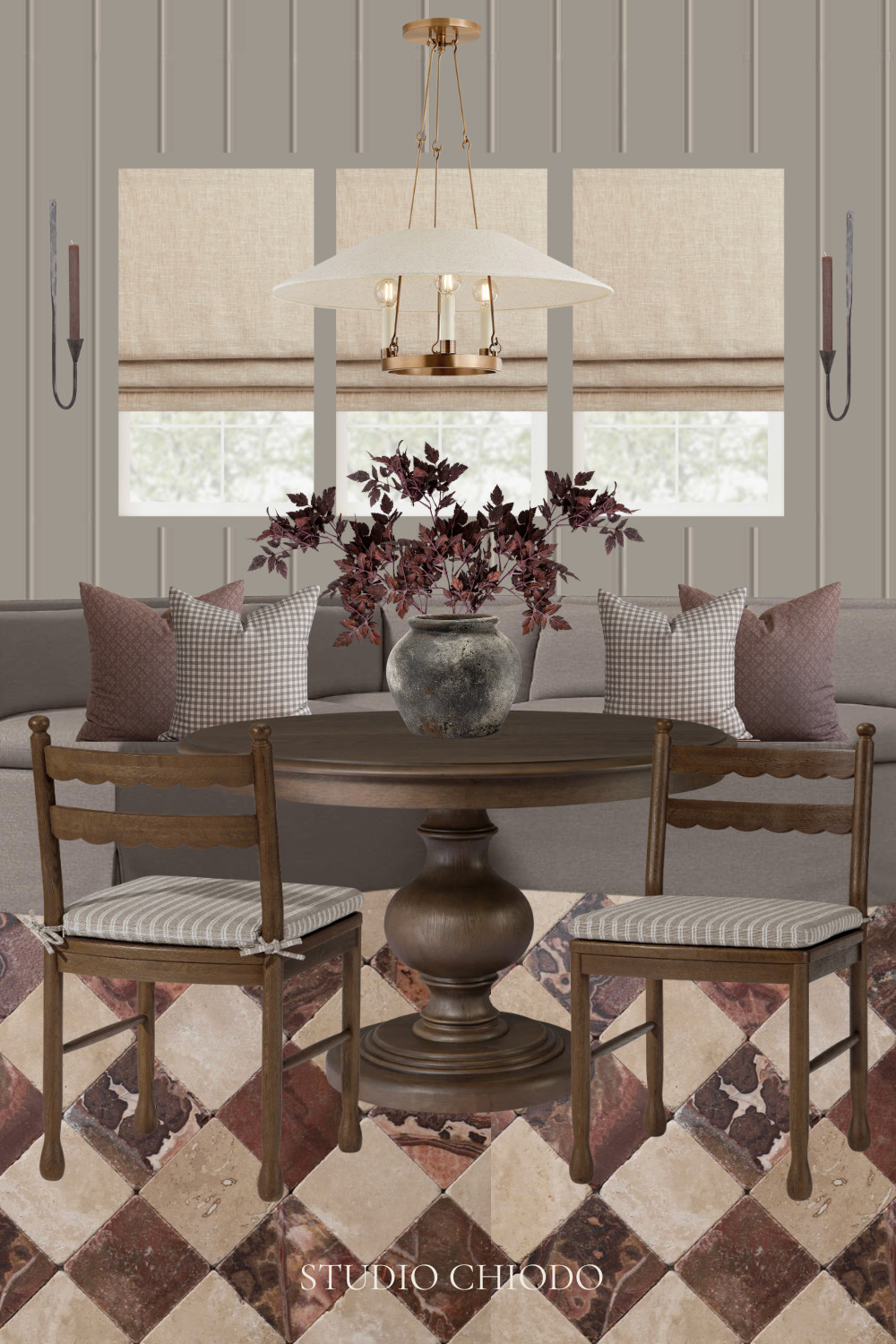 Brown & burgundy breakfast nook! Paint color is Charleston Gray by Farrow & Ball (on vertical tongue and groove). Floor tile is Durango & Red Onyx 4”x4” Tumbled by Castelli Marble. 

 #LTKHome