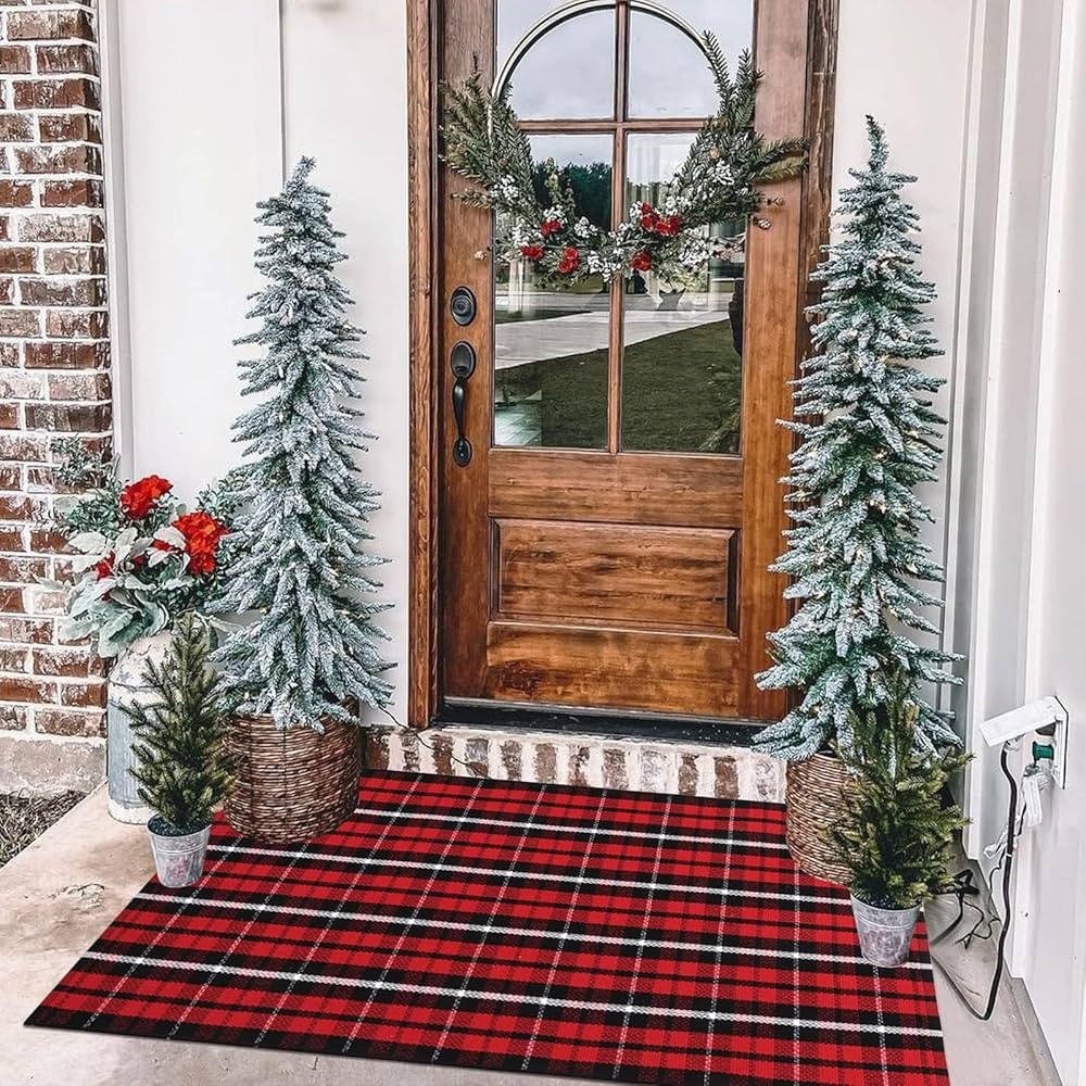 LEEVAN Buffalo Plaid Front Door Mat 24"x 51" Cotton Checkered Porch Rug Outdoor Washable Woven We... | Amazon (US)