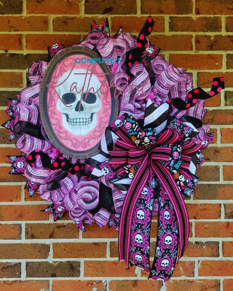 Spooky Halloween Wreath, Pink and Black Halloween, Skull Wreath, Halloween Door Decor, Skull Door... | Etsy (US)
