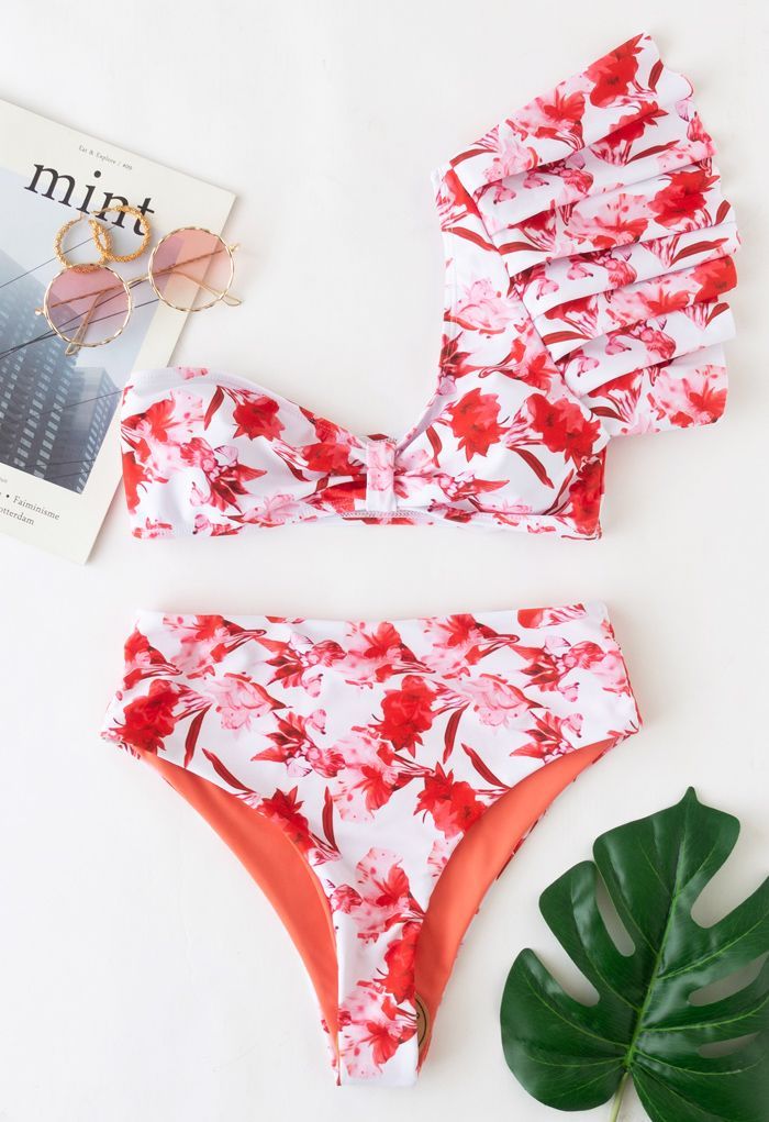 Ruffle One-Shoulder Floral Bikini Set | Chicwish