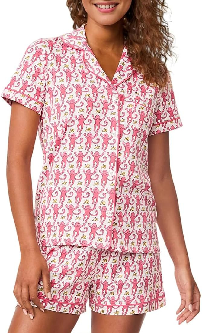 Womens Monkey Pajamas Set 2 Piece Cute Button Down Loungewear Short Sleeve Shirt Shorts Pjs Y2k L... | Amazon (US)