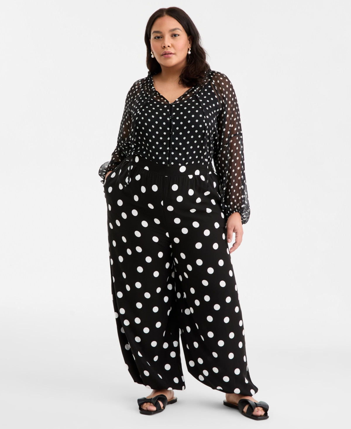 On 34th Trendy Plus Size Polka-Dot Pull-On Balloon Pants, Macy's Exclusive - Deep Black | Macy's