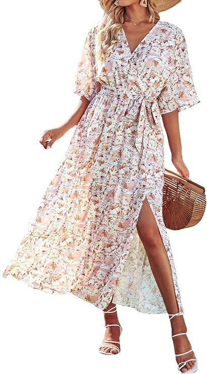 BTFBM Women's Wrap V Neck Maxi Dress 3/4 Sleeve Floral Print Belted Boho Summer Flowy Loose Kimon... | Amazon (US)
