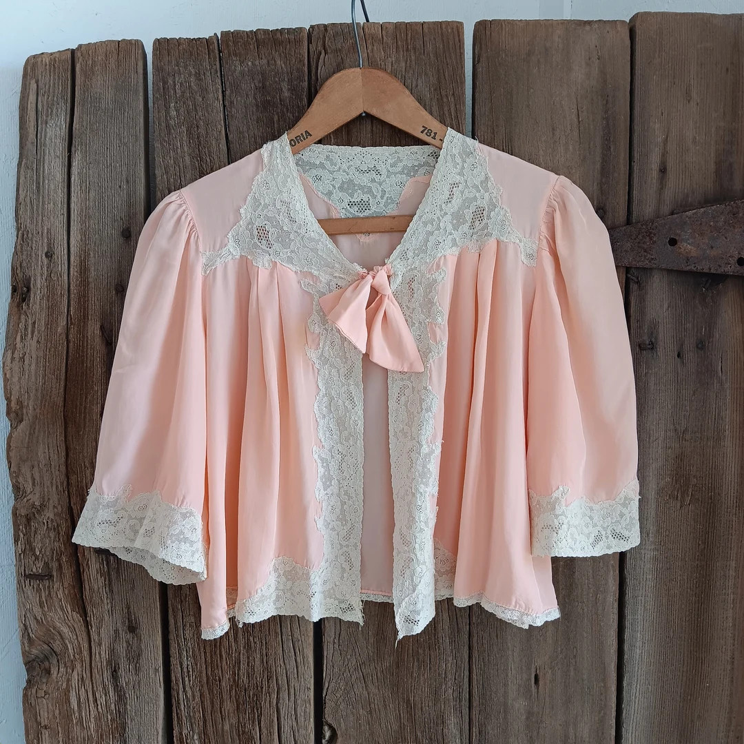 Vintage 40s Peach Rayon Bed Jacket Ecru Lace Trim Half Sleeve Tie Front Lingerie - Etsy Canada | Etsy (US)