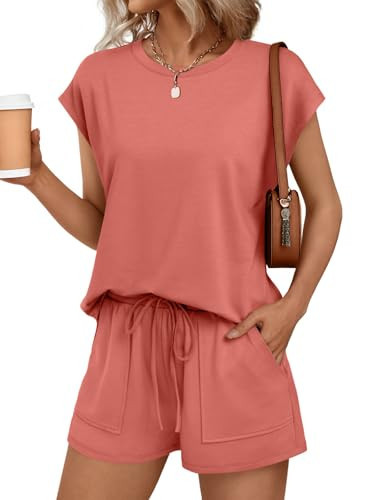 AUTOMET Womens Lounge Two 2 piece Sets Summer Outfits 2026 Loungewear Matching Beach Vacation Clothes Sweatsuits Sweat Pajamas Pjs Romper Top Shorts Fashion Trendy Travel Teen Clothing Coral M | Amazon (US)