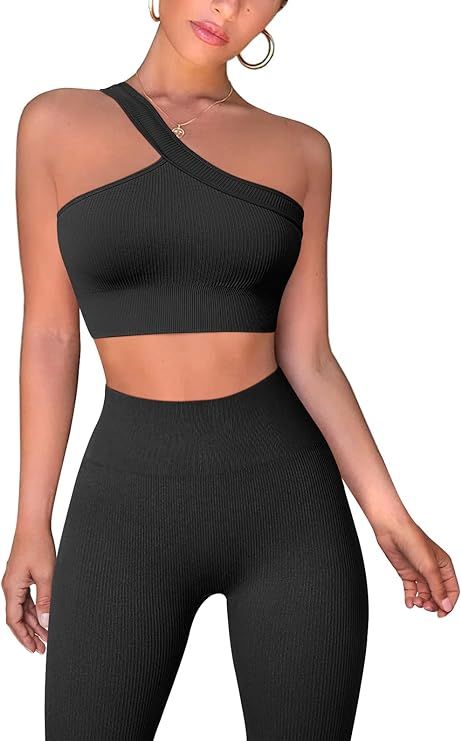 OQQ Workout Outfits for Women 2 Piece Ribbed Exercise One Shoulder Tops High Waist Leggings Activ... | Amazon (US)