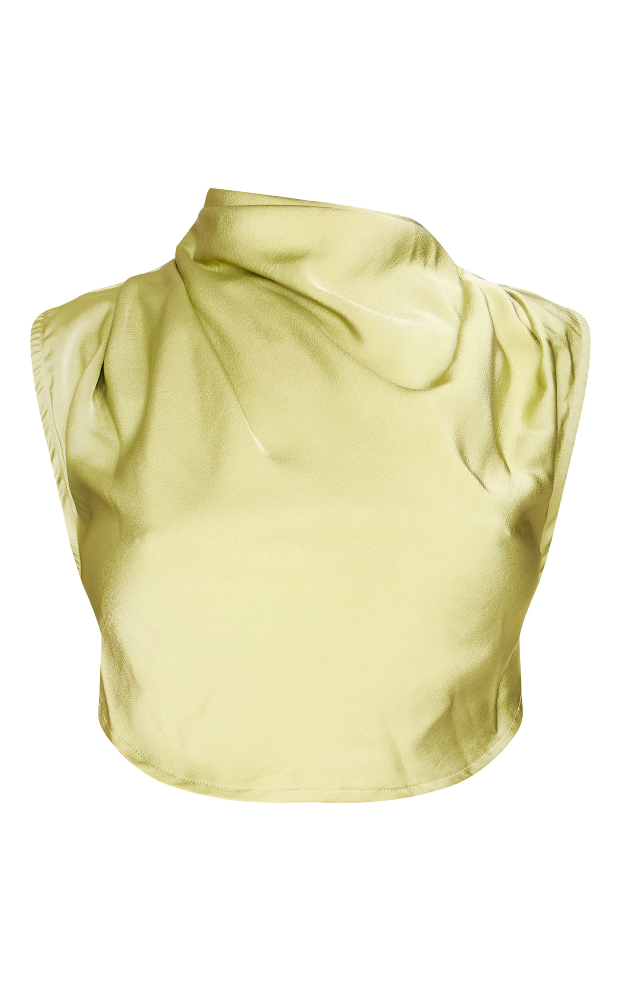 Chartreuse Satin Tie Side High Neck Cowl Crop Top | PrettyLittleThing US