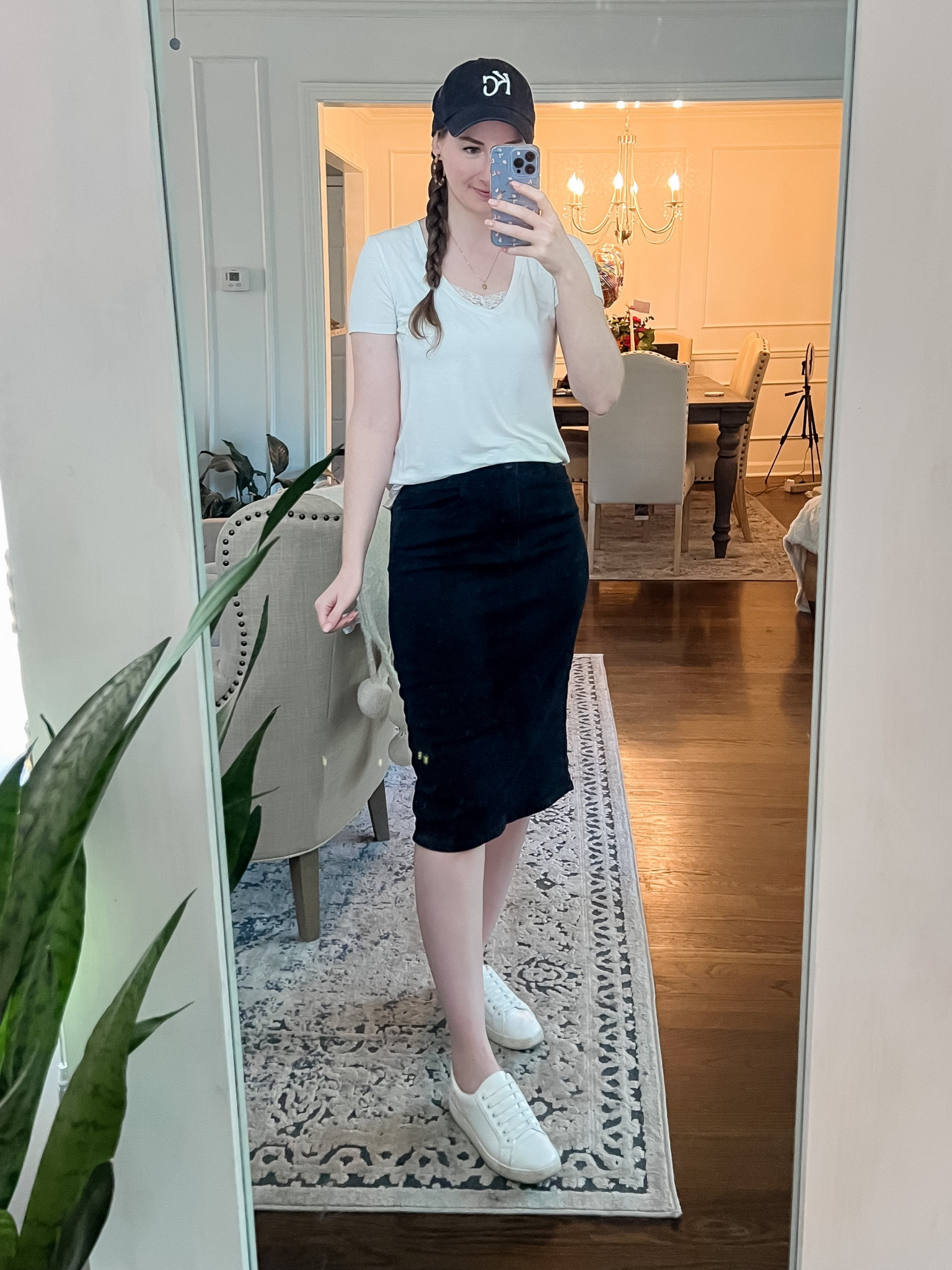 Modest casual outfit, black denim midi pencil skirt

#LTKstyletip #LTKSeasonal #LTKworkwear