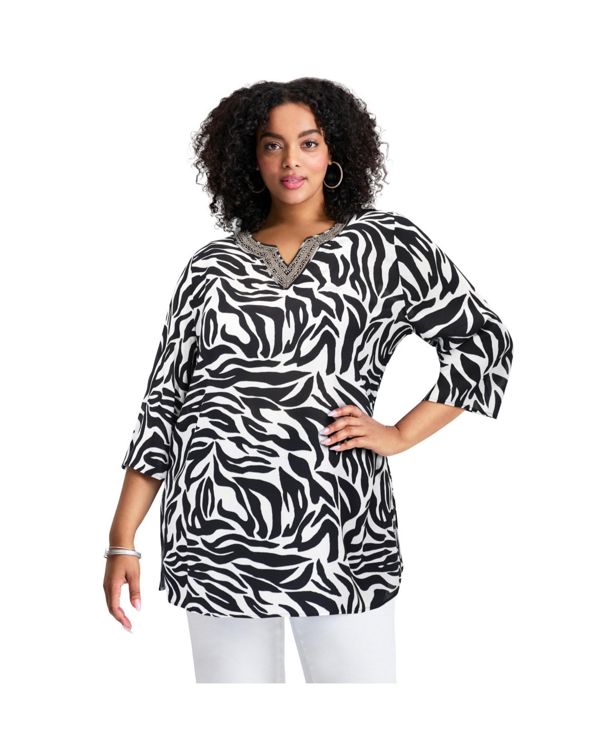 Avenue Women's Plus Size Beaded Embellishment Tunic - Black abstract zebra | Macy's