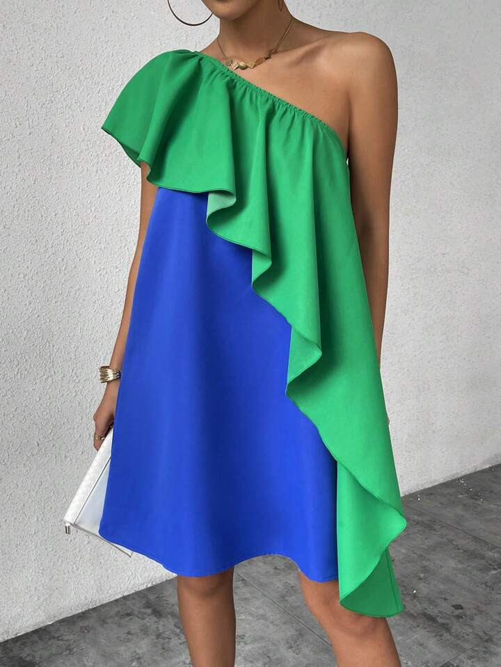 SHEIN Privé Asymmetrical Neck Color Block Ruffle Hem Dress For Summer | SHEIN