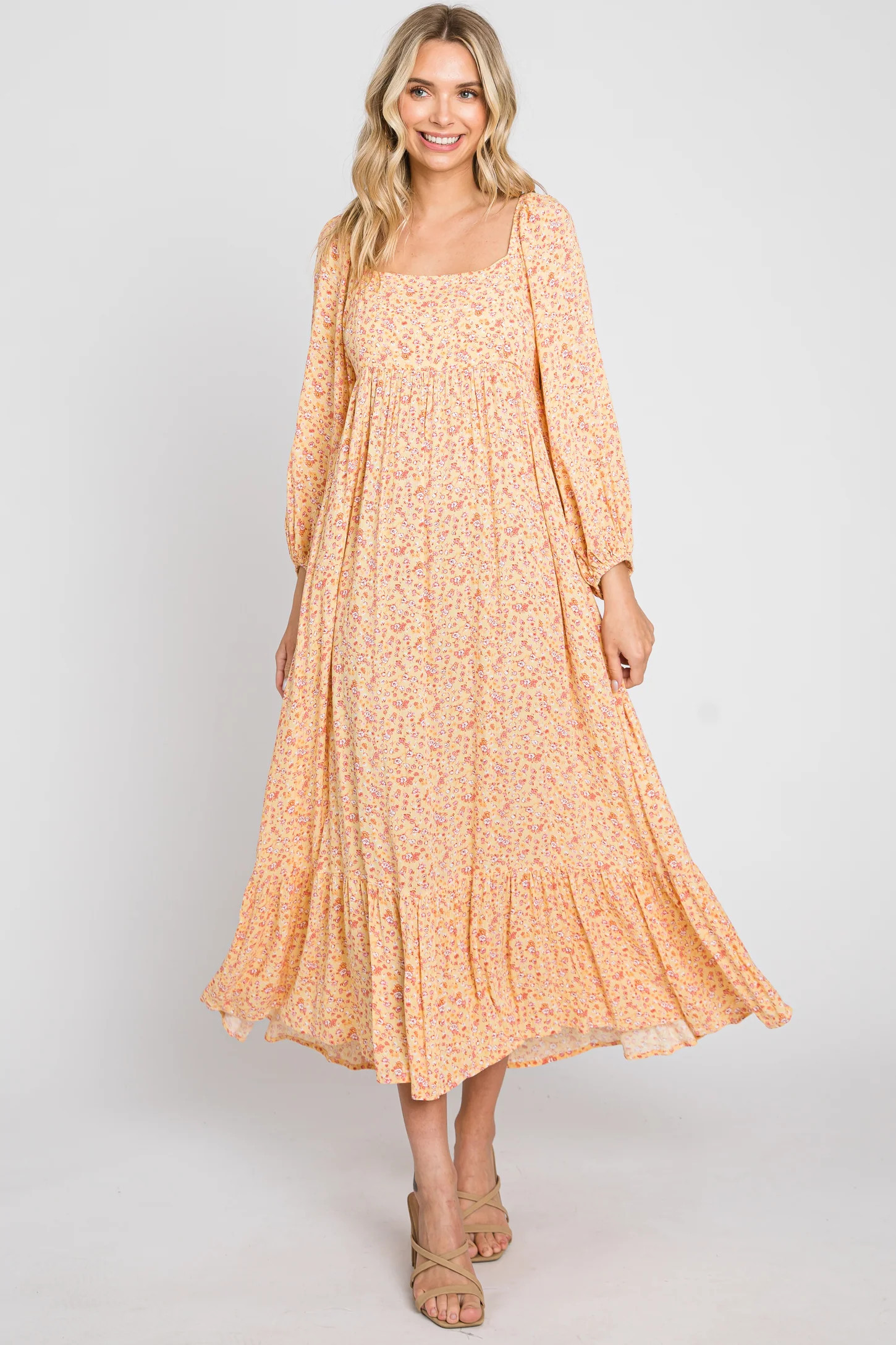 Yellow Floral Square Neck 3/4 Sleeve Midi Dress | PinkBlush Maternity