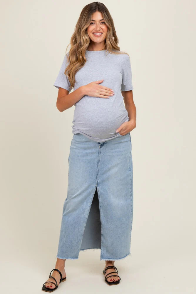 Light Blue Front Slit Fringe Hem Maternity Denim Maxi Skirt | PinkBlush Maternity