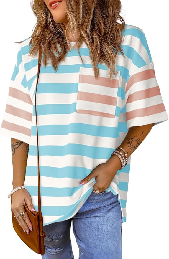 Tankaneo Women Oversized Striped Tshirts Summer Color Block Teacher Shirts | Comfort Color, Casua... | Amazon (US)