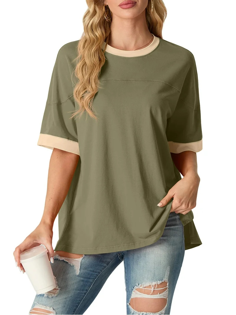 JWD Women's Top Short Sleeved T-Shirt Round Neck Casual Blouses Patchwork Split Hem Tee Top Army ... | Walmart (US)