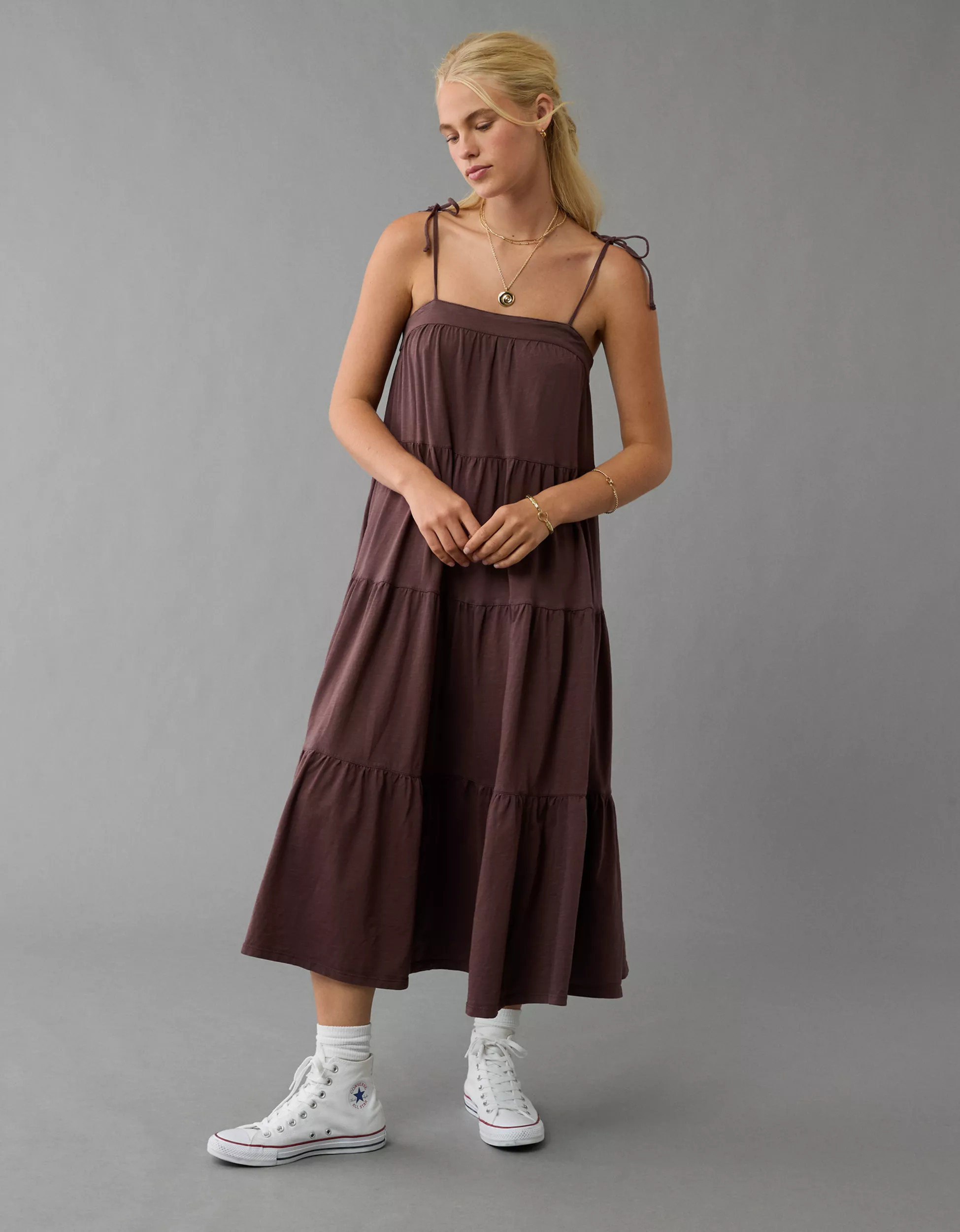 AE Sunchaser Knit Tie Shoulder Maxi Dress | American Eagle Outfitters (US & CA)
