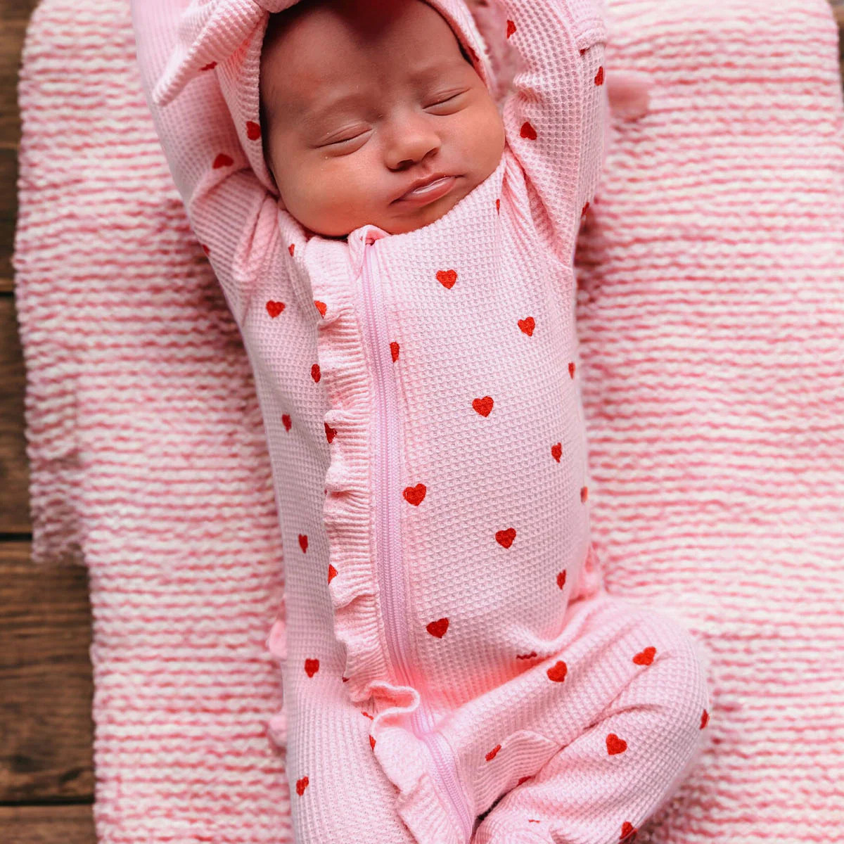 Organic Waffle Ruffle Zip Footie, Little Red Heart (on Pink) | SpearmintLOVE