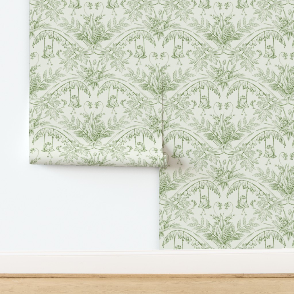Wallpaper in Green Frogs in a Flower Garden Damask | Spoonflower