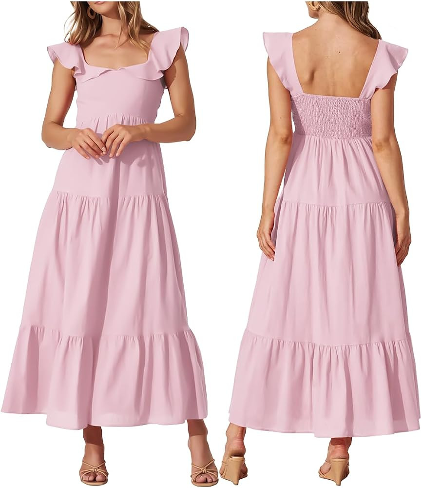 Women's Summer Sleeveless Ruffle Dresses 2024 Square Neck Smocked Backless Boho Flowy Beach A-Lin... | Amazon (US)