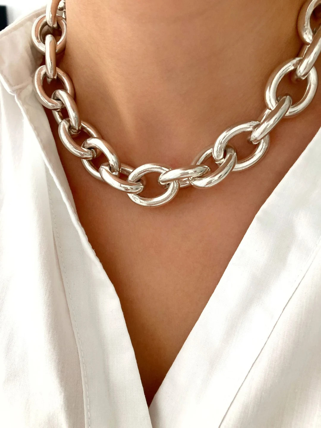 Silver Lightweight Statement Chunky Curb Chain Necklace, Choker Necklace, Gift for Her, Womens Je... | Etsy (US)
