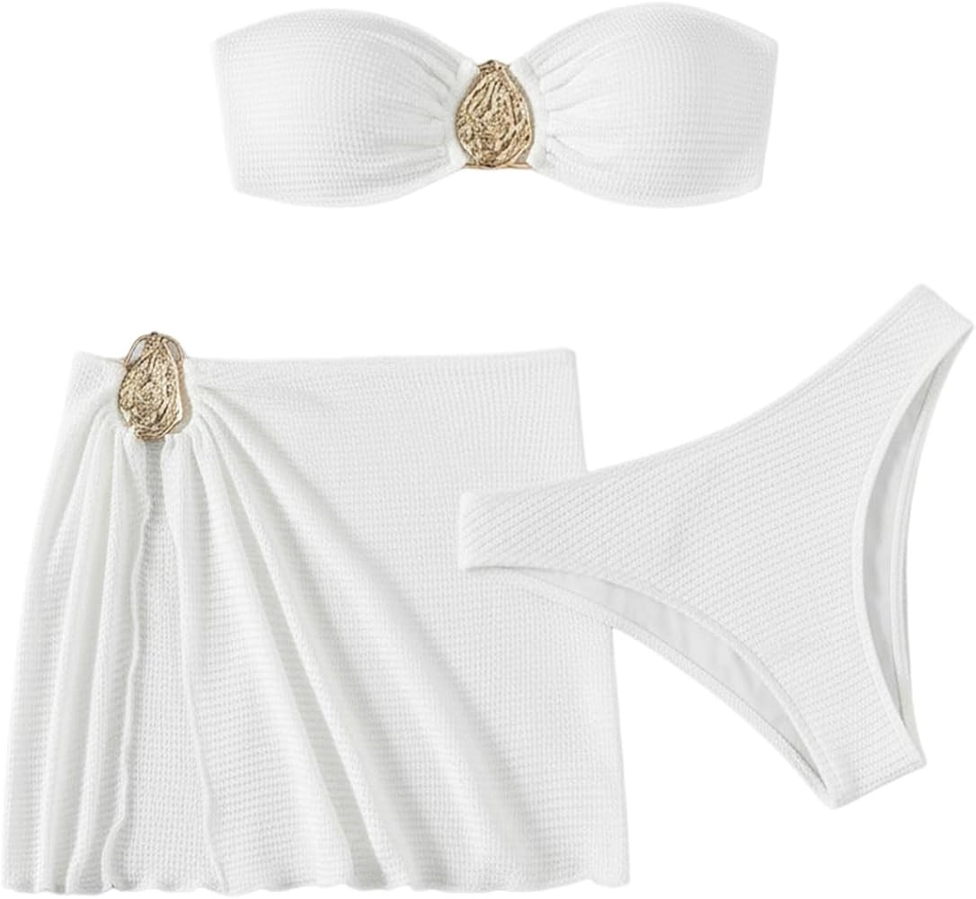 GORGLITTER Women's Strapless Bandeau Swimsuits High Waisted Cheeky Metal Bikini Sets with Bathing... | Amazon (US)