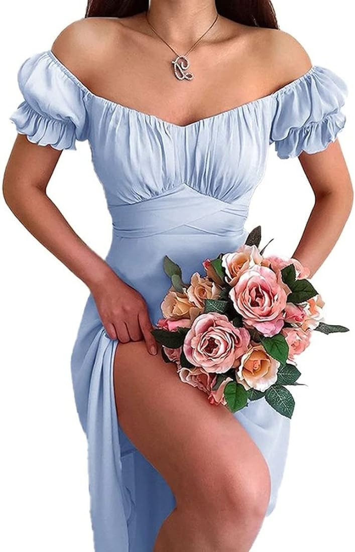 Women Sexy Off Shoulder One Step Long Dress Short Puff Sleeve V-Neck Sundress Lace Up A-Line Maxi... | Amazon (US)