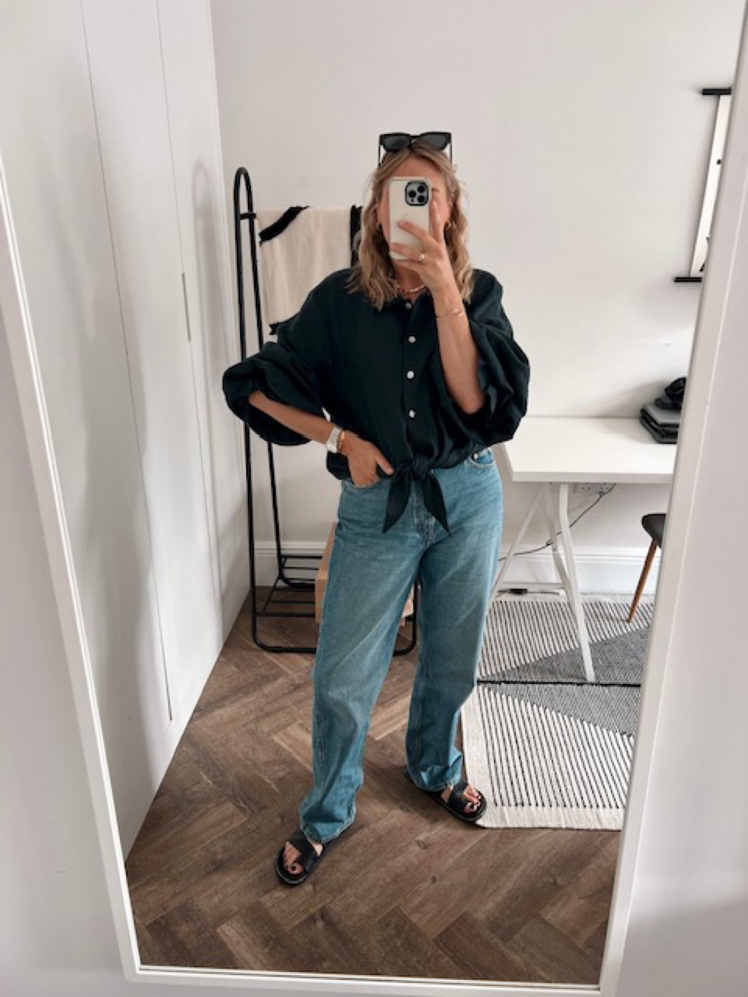 Tie front blouse, button down blouse, black blouse, summer blouse, straight leg jeans, high waist jeans, high waist straight jeans, blue jeans, black sandals, strappy sandals, black leather sandals, Weekday, Sleeper, Pull & Bear, Levi’s 

#LTKstyletip #LTKeurope #LTKSeasonal
