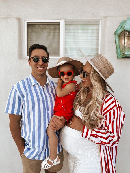 Family 4th of July look 
Tay’s shirt in M and sunnies are both Amazon
My target striped blouse is a L, size up for coverup
Amazon pants in L, size up for bump
Amazon bikini top in M, runs TTS
Stella’s sunnies and romper are a last season Janie & Jack look
My sunnies are Amazon, chain is Shein 