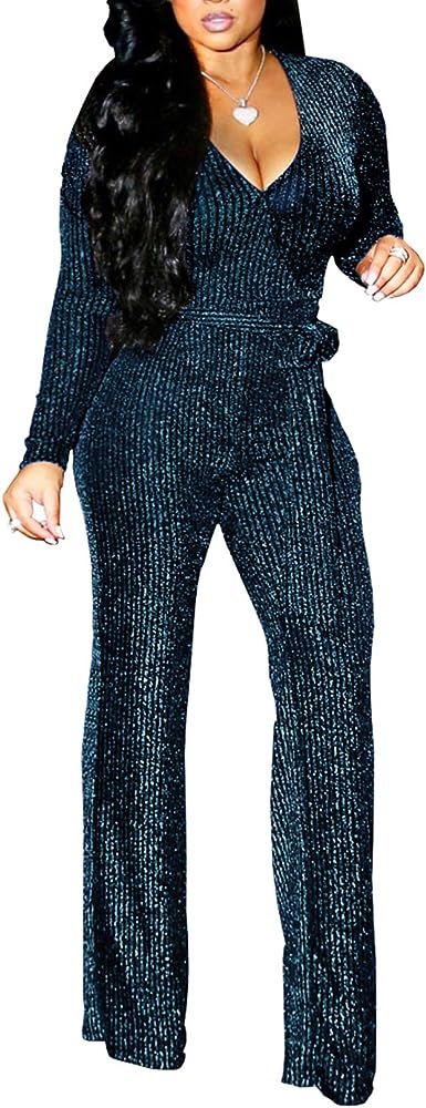 LightlyKiss Women Casual Sexy V Neck Sparkly Jumpsuits Long Sleeve Onesie Loose Pants Party Clubwear | Amazon (US)
