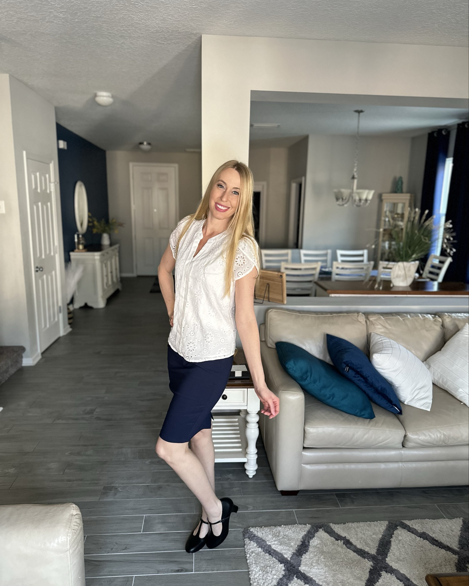 Eyelet and pencil skirt 
🤍  this blouse is beautiful, loose fitting and pairs great with skirts or jeans
🤍i love how stretchy this skirt is and comes in other colors 
🤍 fits true to size, wearing size small,  i am 5’10”

#LTKWorkwear #LTKFindsUnder50 #LTKStyleTip