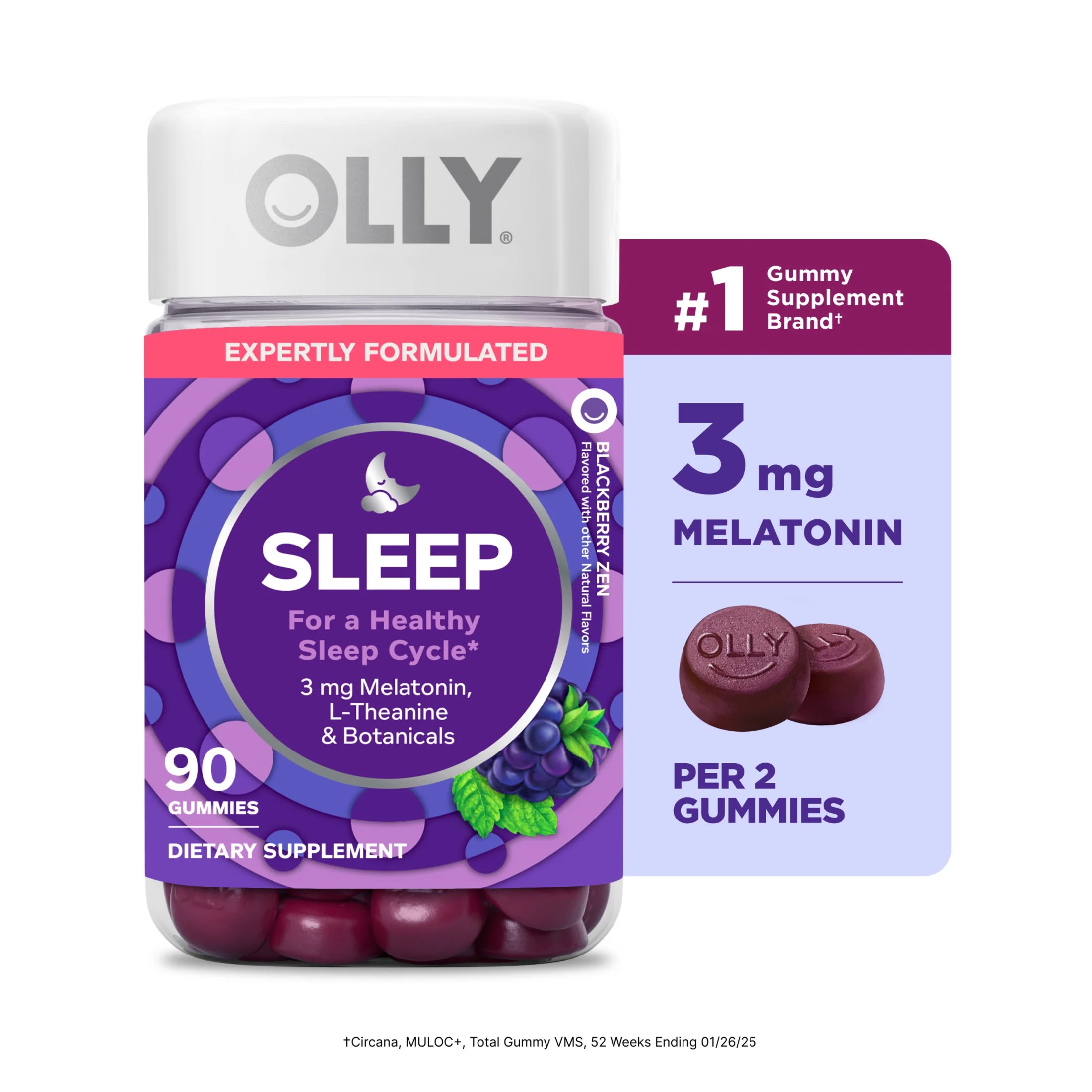 OLLY Sleep Gummy Supplement, 3mg Melatonin, L-Theanine, Chamomile, Blackberry Zen Flavor, 90 Ct | Walmart (US)