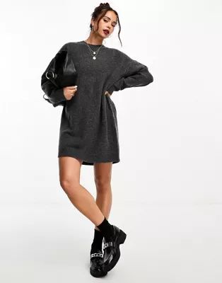 ASOS DESIGN knit mini sweater dress with crew neck in charcoal | ASOS (Global)