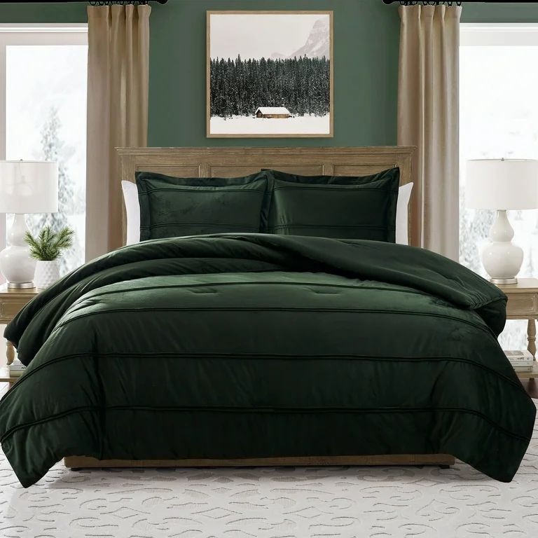 My Texas House Rosalinn 3-Piece Green Velvet Stripe Comforter Set, Full/Queen | Walmart (US)