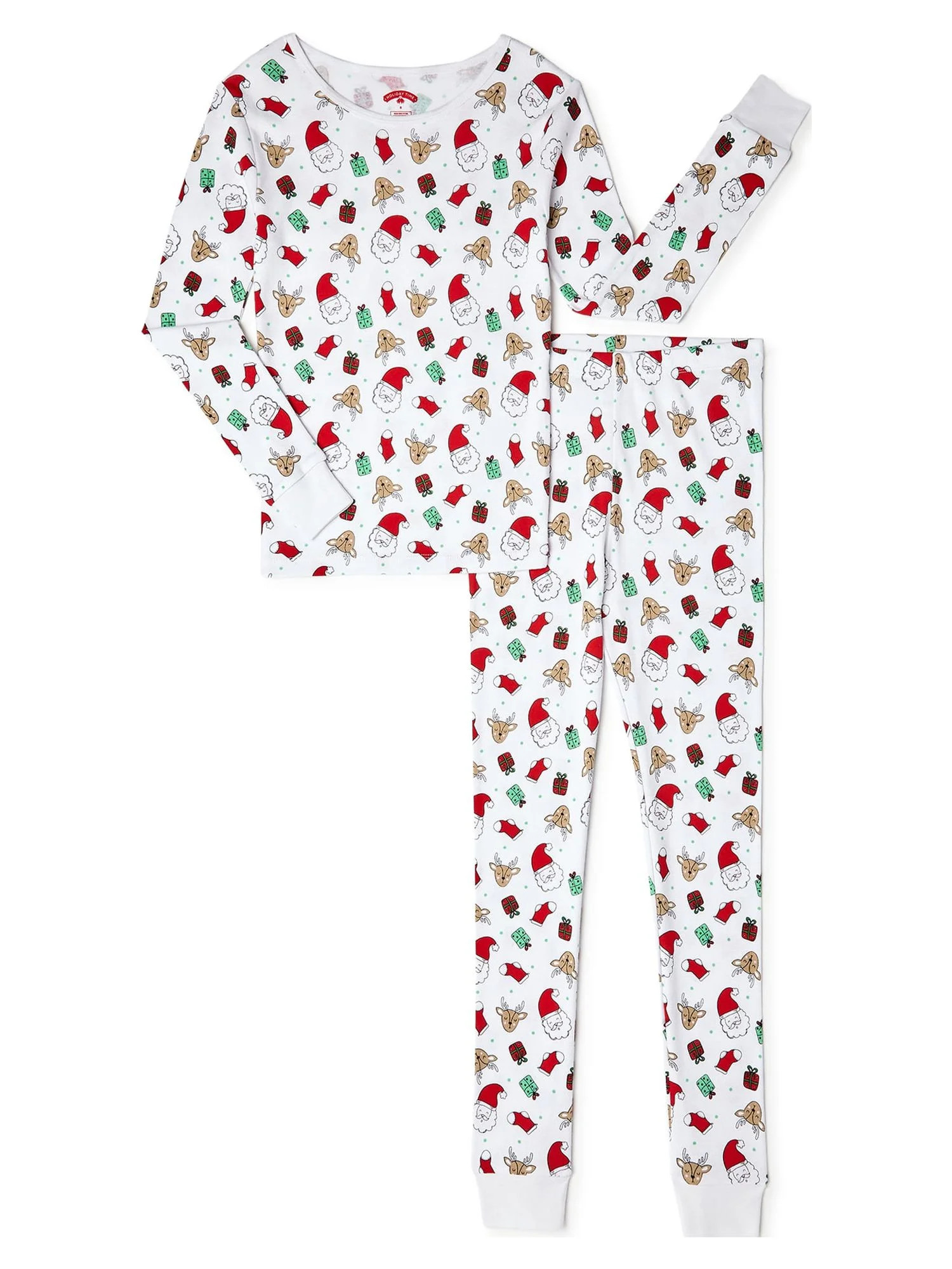 Holiday Time Girls Christmas Cotton Tight Fit Long Sleeve Shirt and Pants Pajama Set, 2-Piece, Si... | Walmart (US)